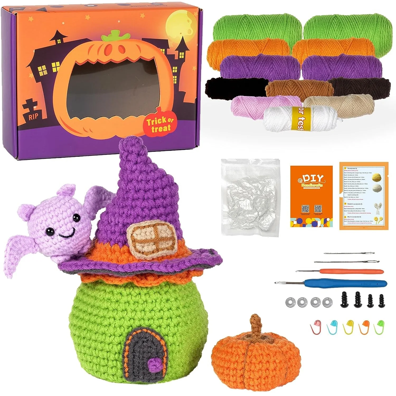 

Crochet Kit for Beginners, Halloween Decorations, Sugar Bag Pumpkin Crochet Set with Step-by-Step Video Tutorials, DIY Knitting