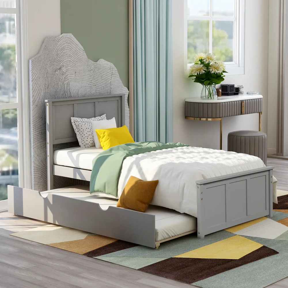 Modern Wood Twin Platform Bed with Headboard & Trundle for Kids, Children Beds with Trundle