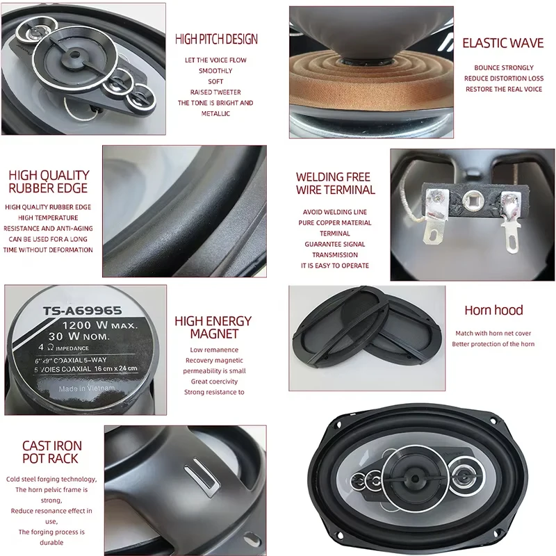2PCS 6X9 inch (2X1200W) 2400W 5-Way Car Mounted High Fidelity Full Frequency Coaxial Speaker, Preferred for Modified Vehicles