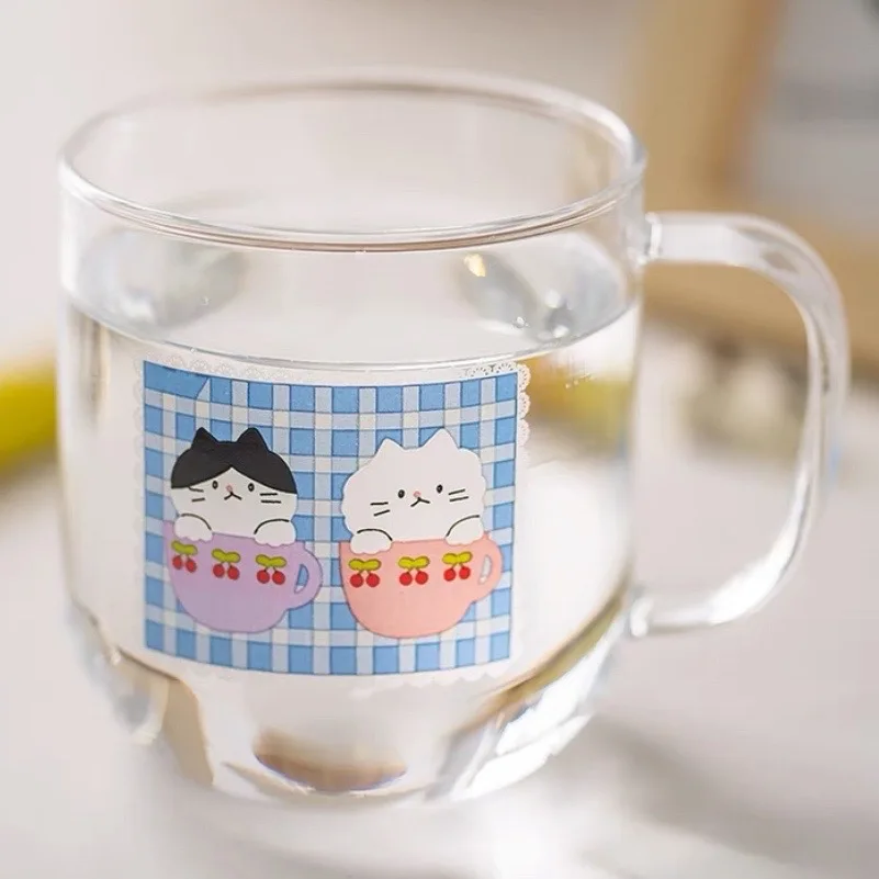 

Double Wall Water Cup Glass Version Glass Cat Aand Cherry Heat Resistant Milk Breakfast Girl Heart Can Be Microwaved Korean