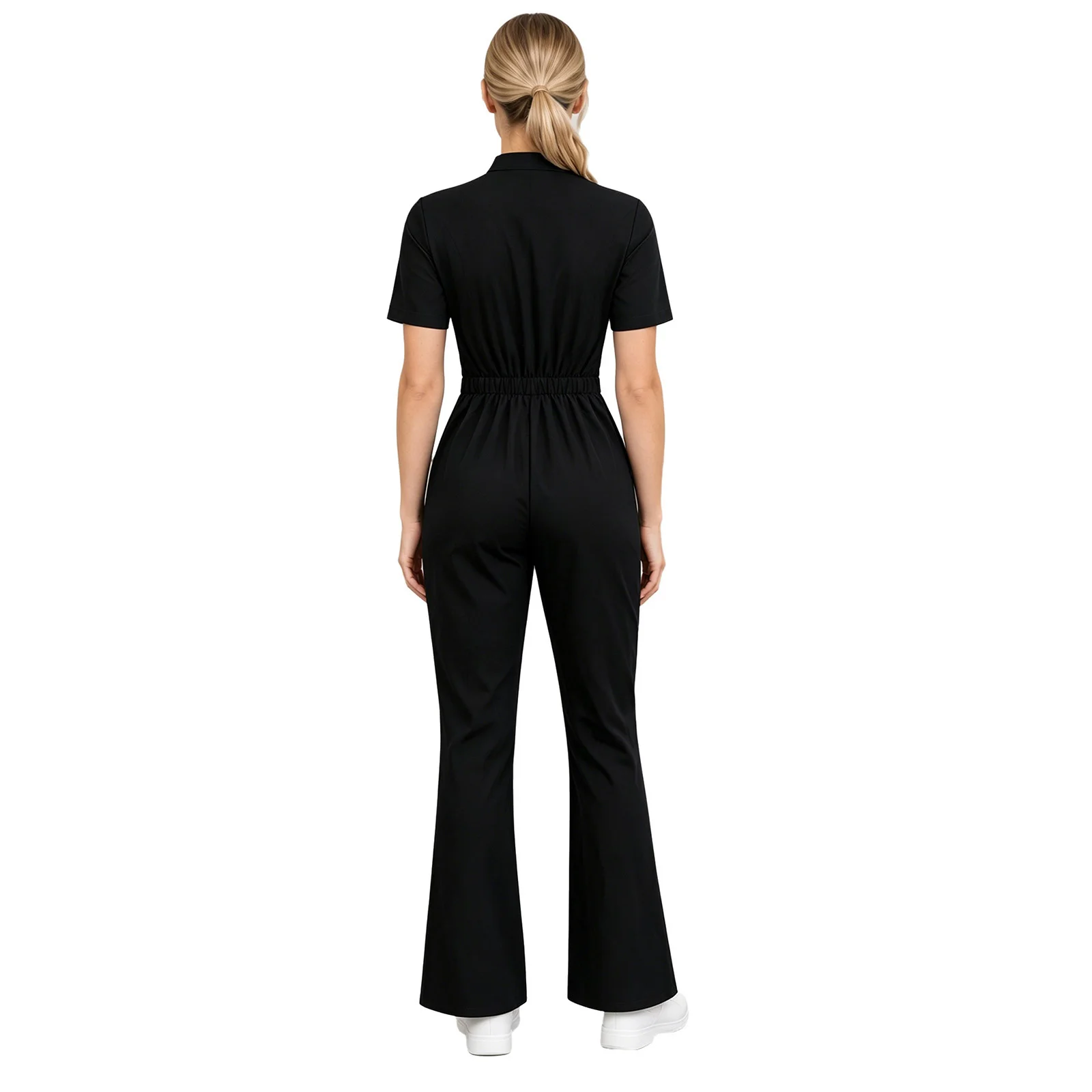 Womens Workwear Jumpsuit Nurse Doctor Coveralls Stand Collar Short Sleeve Elastic Waist Button Bodysuit with Pockets
