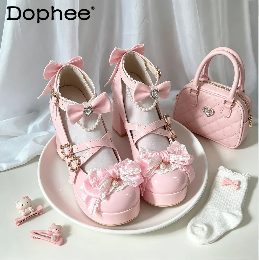 

Original Sweet Lolita Blue Mary Jane Shoes for Women Girl's Elegant Cute Bow High Heel Spring and Summer New 2026 Lady Lo Pumps