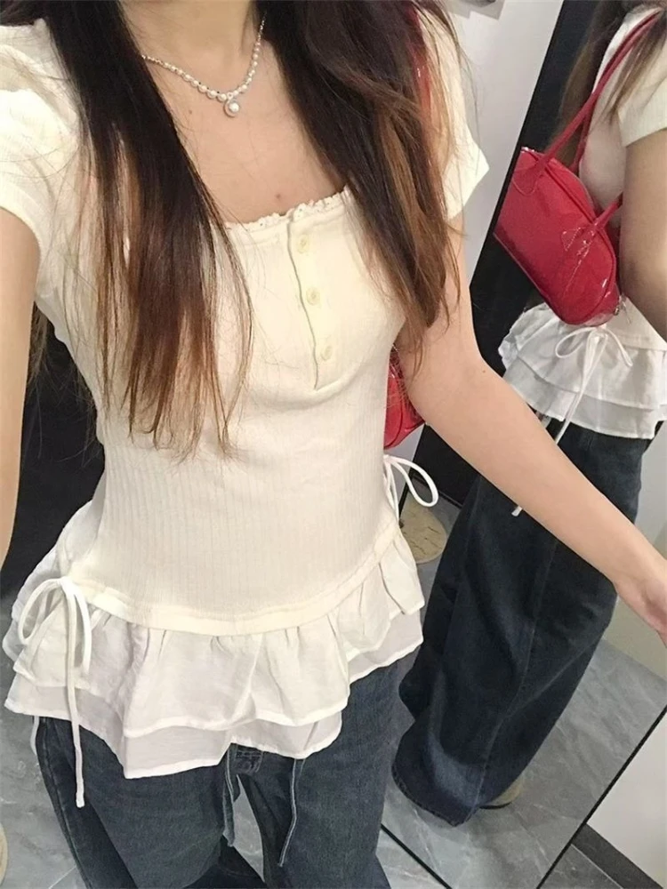 Koreańska Słodka Koronkowa Bluzka z Dekoltem U i Krótkim Rękawem Damska Letnia Elegancka Wyszukana Wyszczuplająca Koszulka Harajuku Podkoszulek Patchworkowe T-shirty