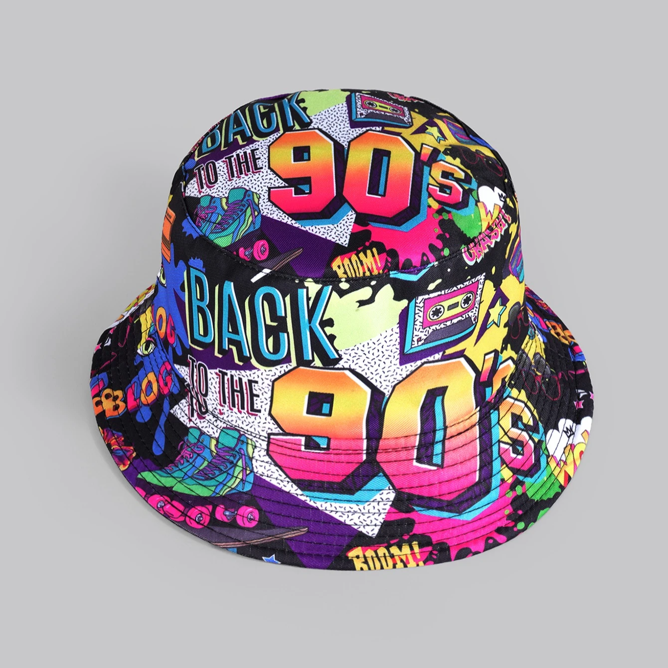 Unisex Fashion Retro 90s 80s Pattern Reversible Bucket Hat, Vintage Streetwear Casual Bucket Hat Music Fest