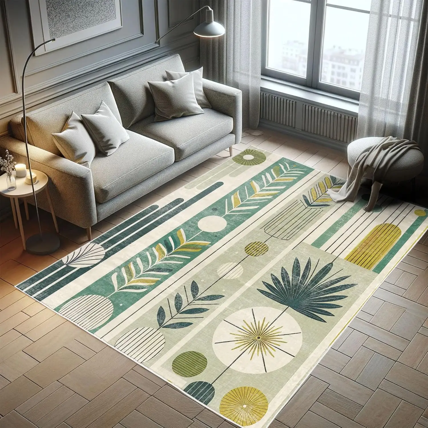 Mid Century Modern Decorative Rug, Abstract Circles Leaves and Stripes in Nature Color Palette, Quality Carpet for Bedroom Dorm