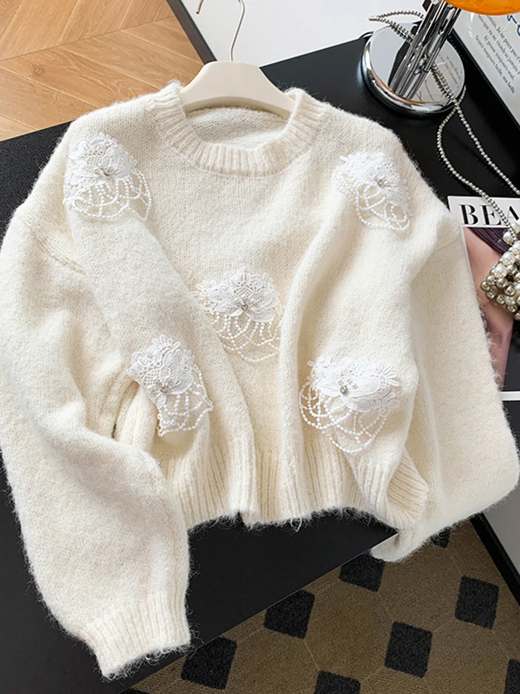 

Sweet Sle 3D Flower round Ne Knitted Sweater Women's Autumn Winter New Versatile Slimming Outerwear Casual Chic Knitwear