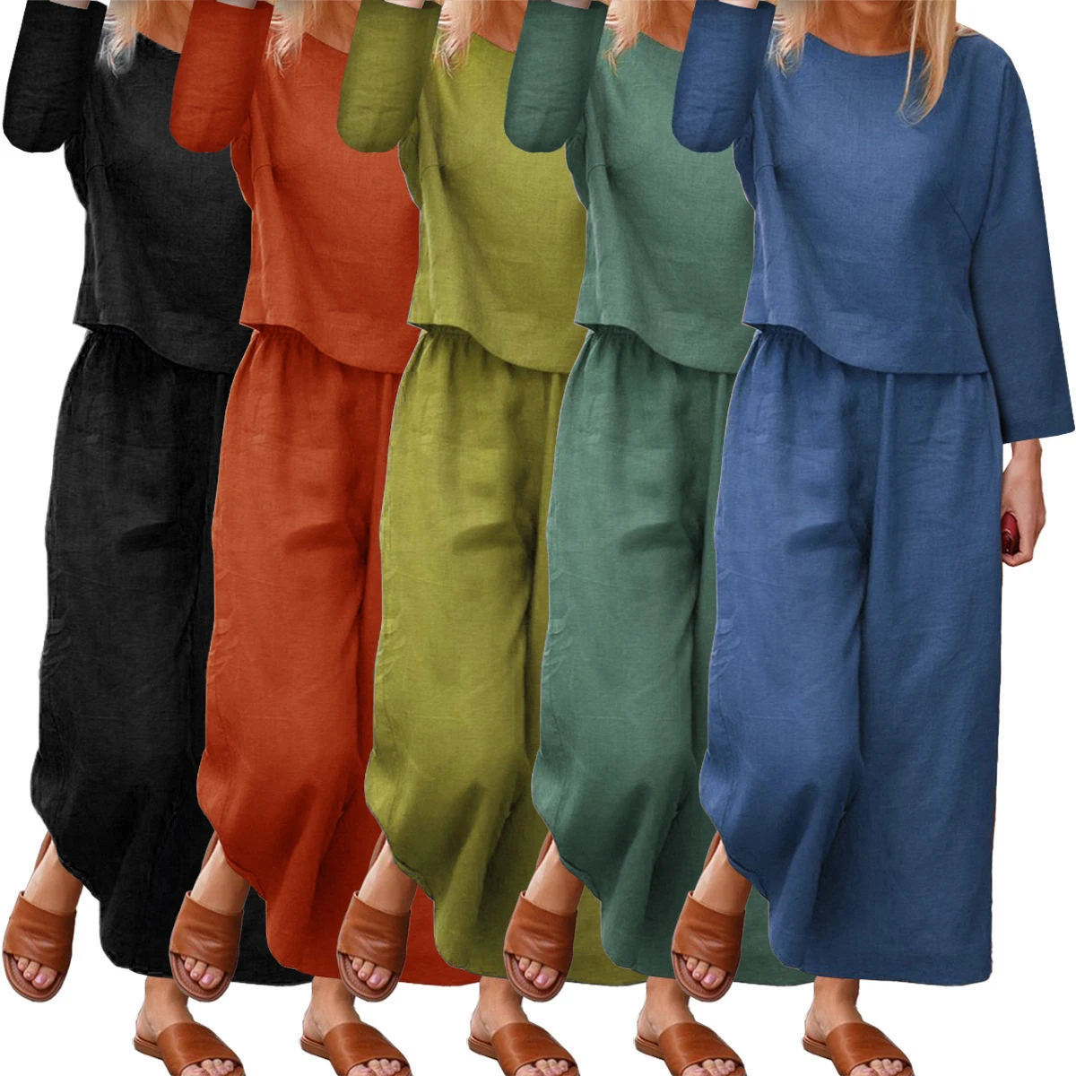 New  Casual Loose plus Size Two-Piece Set Pure Color Shirt And Long Pants Comfortable Fashion Women's Ensemble
