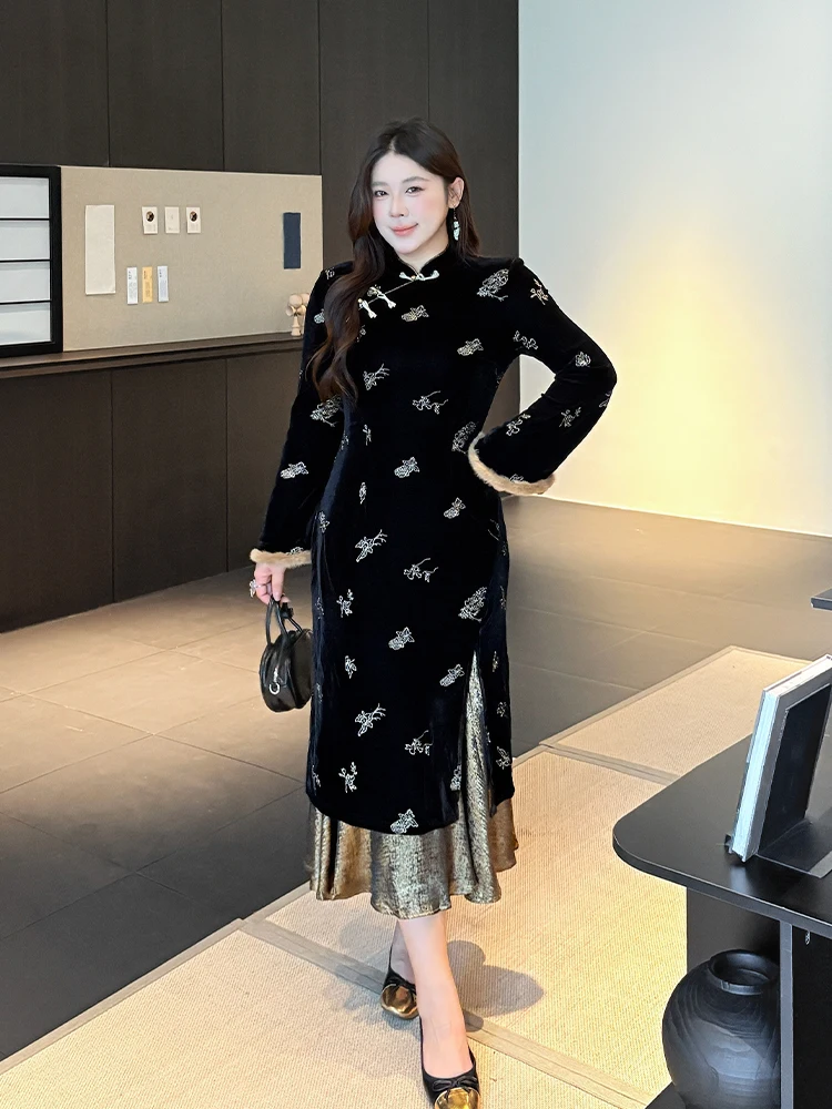 

Новый китайский бархатный улучшенный Dr Gold Printing 3D украшение с высокой талией Long Sve V-Ne Midi Dr for pl...