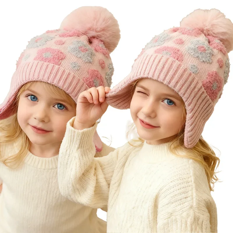 

Acrylic 3-8 Y Kids' Floral Knit Beanie with Pom Ear Warmer | Winter Daily & Casual Wear Christmas Themed Halloween Thanksgiving