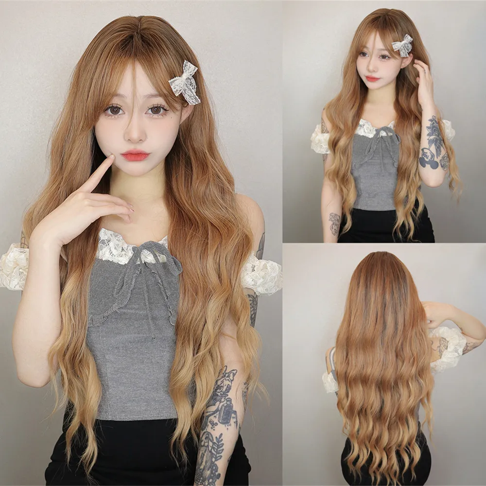 

Ombre Brown Long Wavy Wigs with Bangs for Women Synthetic Hair Dark Roots Heat Resistant Wig Light Brown Natural Daily Party Wig