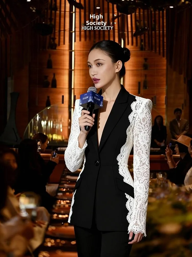 Elegant Lace Splicing Fashion Retro Style Women's Suit Jacket Autumn 2026 Chic Button Pocket Detail Long Sleeve Regular Fit