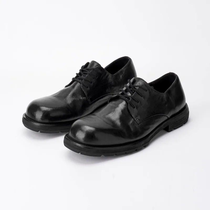 New Black Washed Horsehide Goodyear Leather Shoes Men's Genuine Leather Big Head Derby Shoes Work Dress Business Casual Shoes