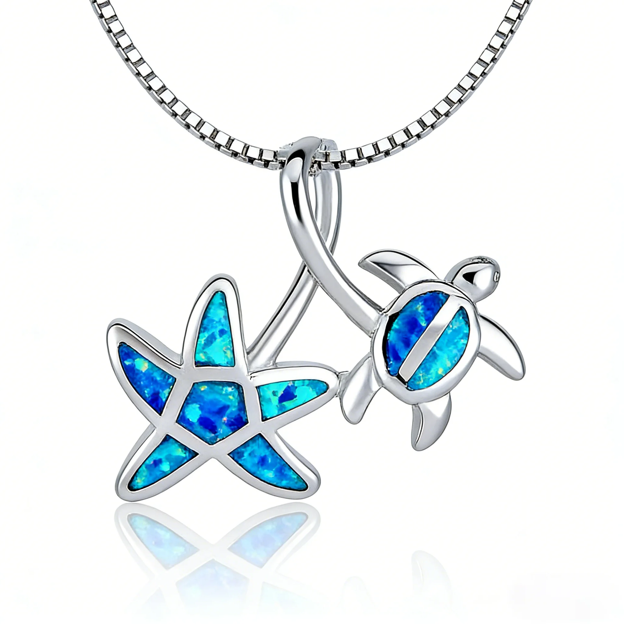 Sea Star and Turtle Necklace,Blue Opal Double Pendant Ocean Jewelry,Elegant Silver Color Marine Valentine‘s Life Gift for Her