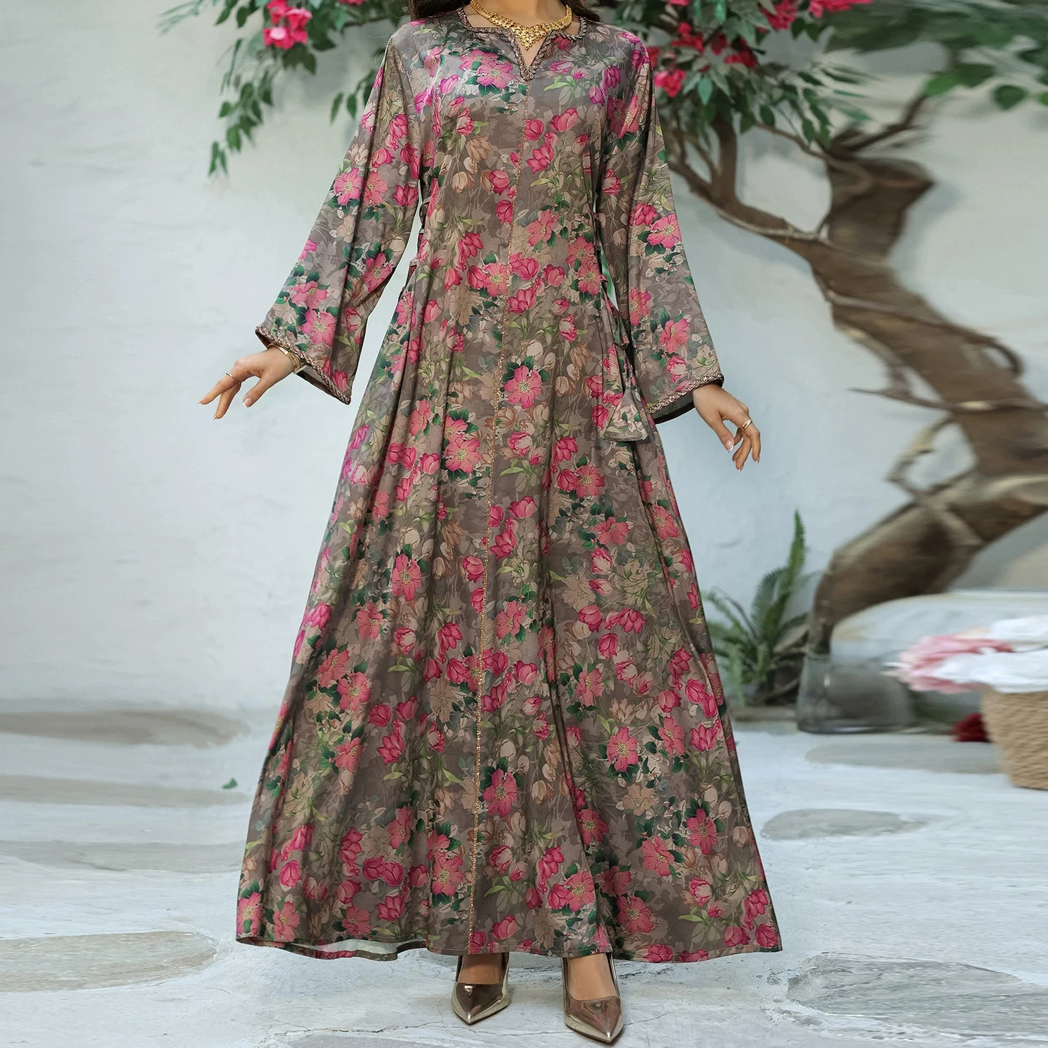 

Muslim robe printed rhinestone Middle Eastern dress super soft fabric home wear Dubai skirt-GZXX565