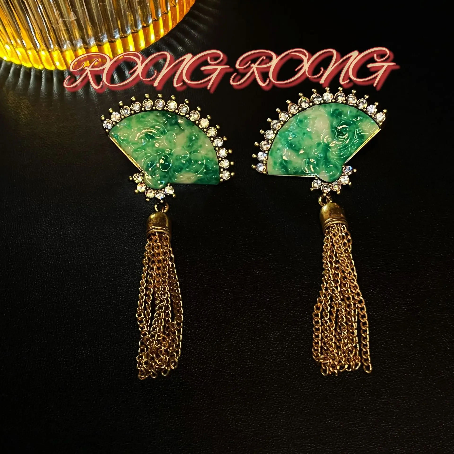 Second-hand New Chinese Style Jade Fan Tassel Earrings Heavy Work Temperament Atmosphere Vintage Earrings