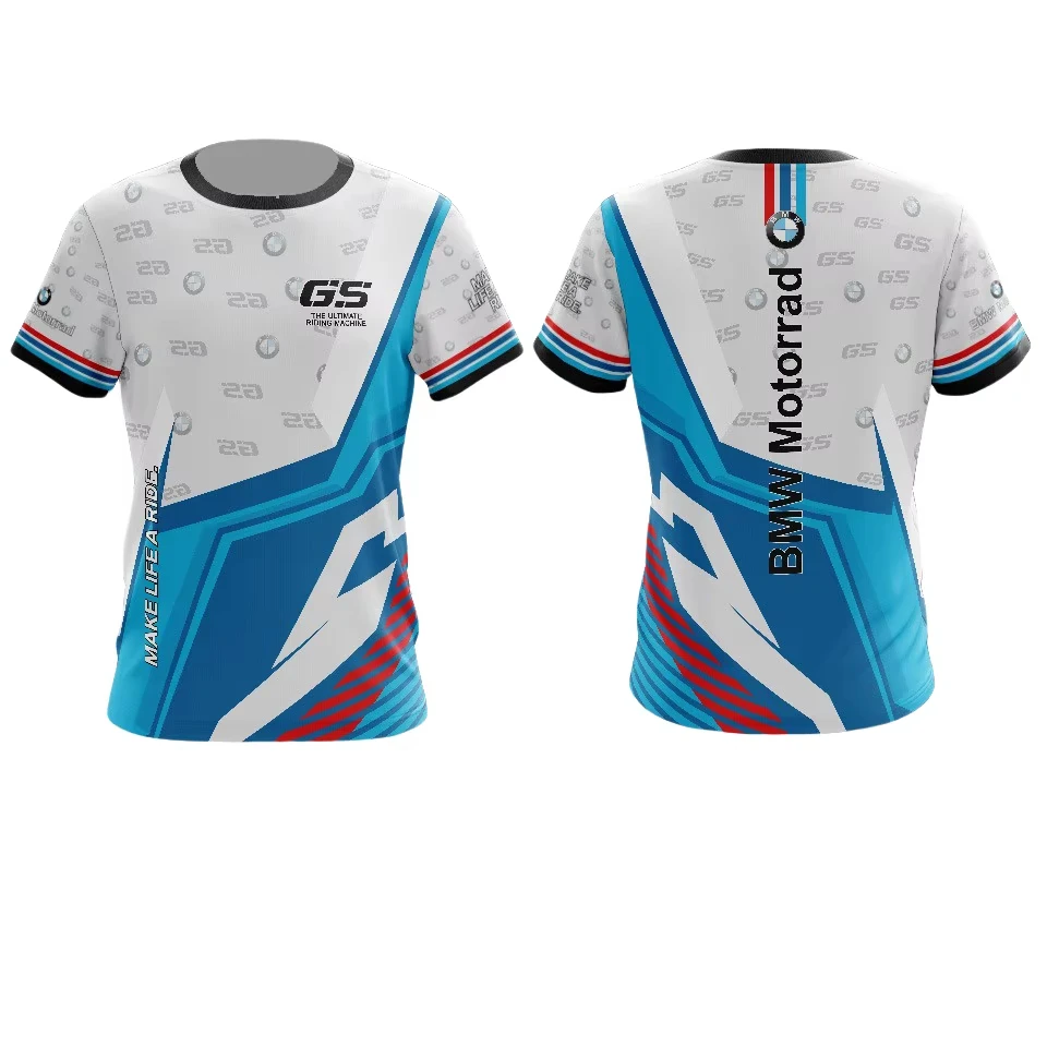 

Summer Bmw Blue Geometric Splicing Wind Line Technology Sense Fashion Trend Cool Men's Sports Cycling Round Neck T-shirt