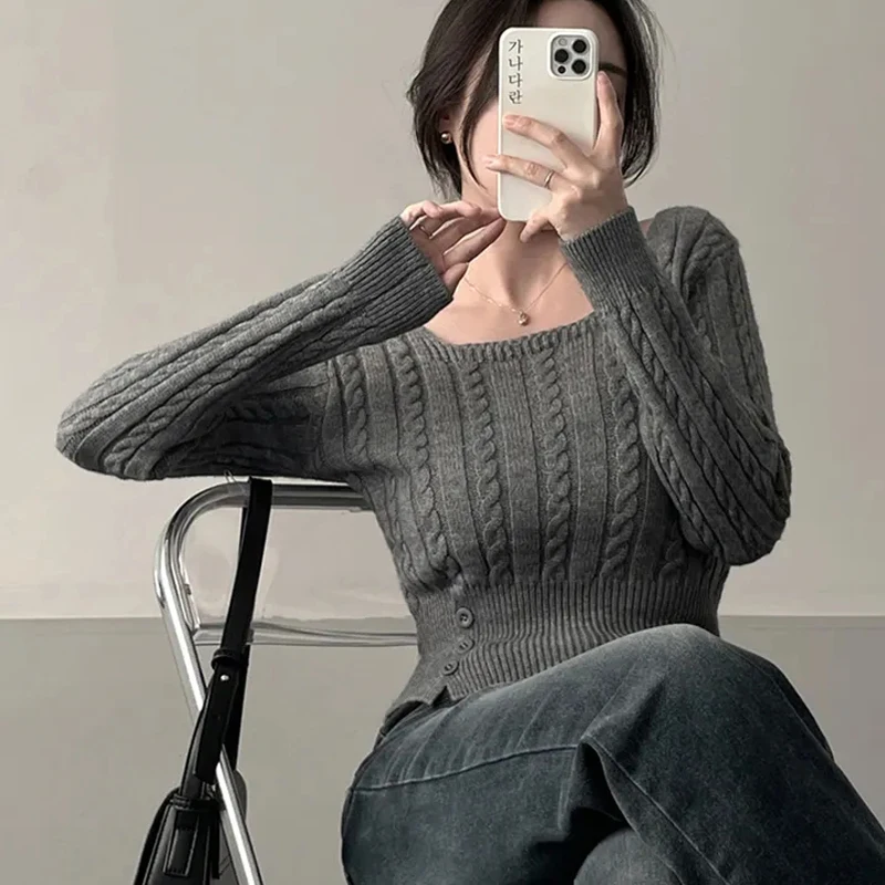 Women's Knitted Thiened Casual Sweater Autumn Winter Korean Sle Square Collar Pure Color Base Top Button Single Row