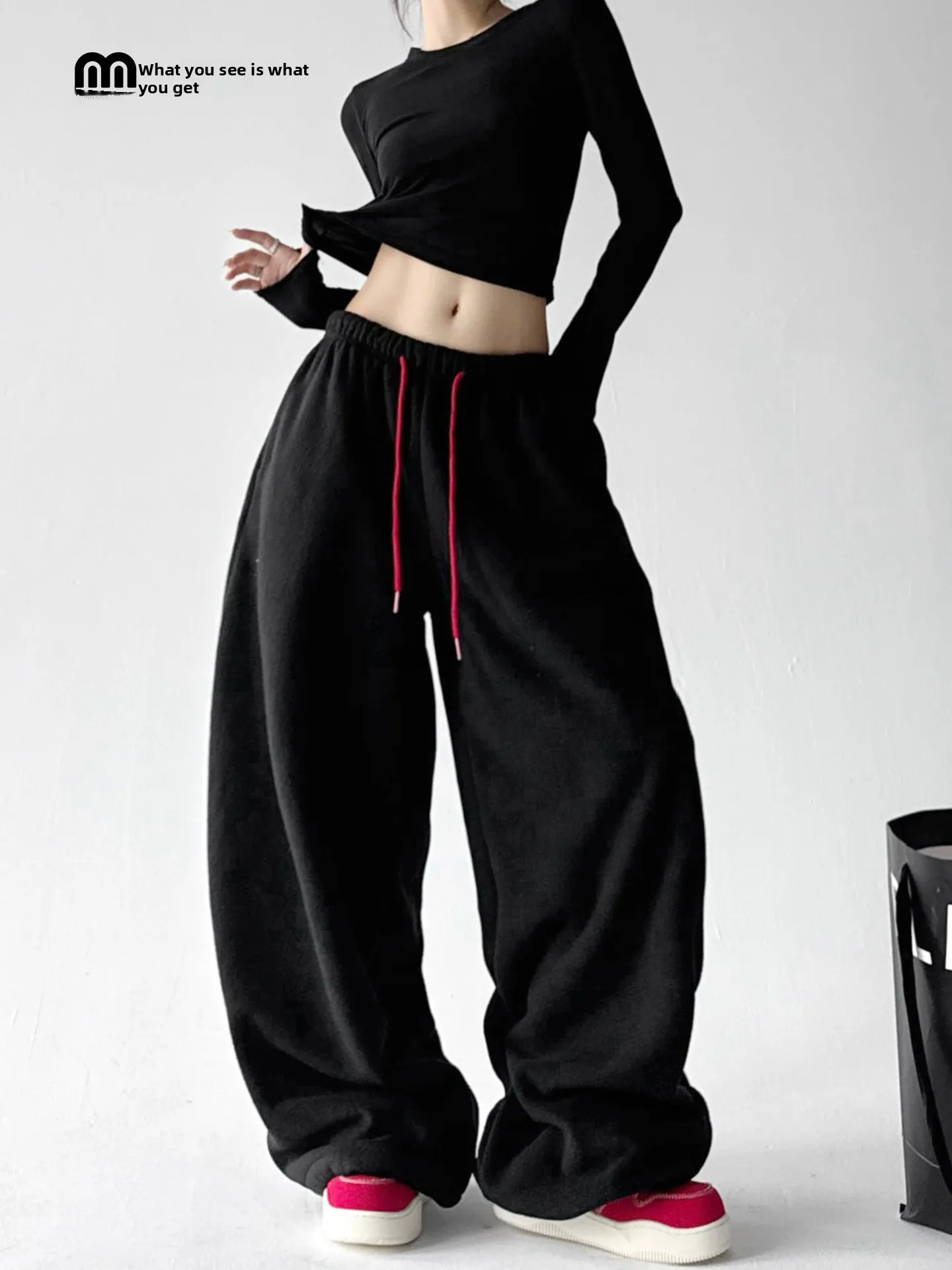 

Женские спортивные брюки Bla Fce с высокой талией, свободного кроя, на флисовой подкладке, зима 2025, повседневные широкие брюки из комфортного полиэстера