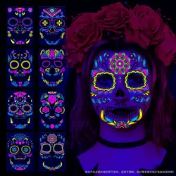 1/4/8PCS Waterproof Fluorescent Temporary Tattoo Neon Halloween Stickers Day of the Dead Party Festival Night Bar Face Stickers