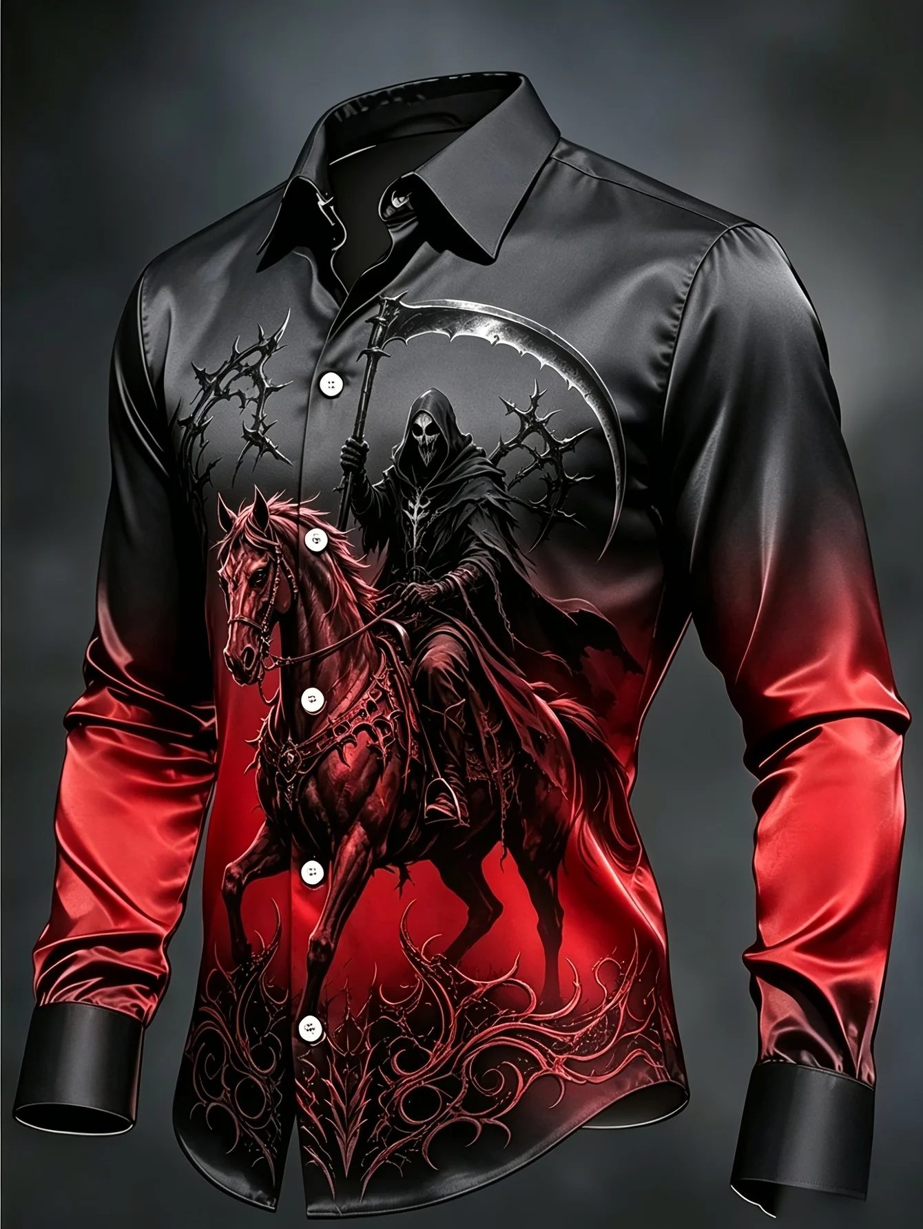 Men Gothic Grim Reaper Horse Sickle Moon Print Long Sleeve Shirt Lapel Collar Button‑Up Polyester Horror Party Blouse