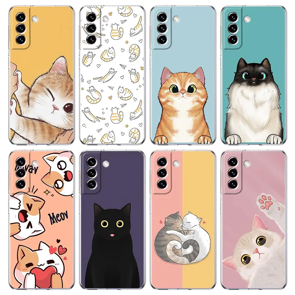 Cat Cute Kitten Cartoon Clear Silicone Phone Case For Samsung Galaxy S23 S22 5G S20 Ultra S21 FE 5G S10E S9 S8 S10 Plus Cover