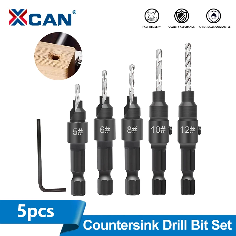 

XCAN 5pcs Countersink Drill Woodworking Drill Bit Set Drilling Pilot Holes for Screw Sizes #5 #6 #8 #10 #12 Woodworking Tools