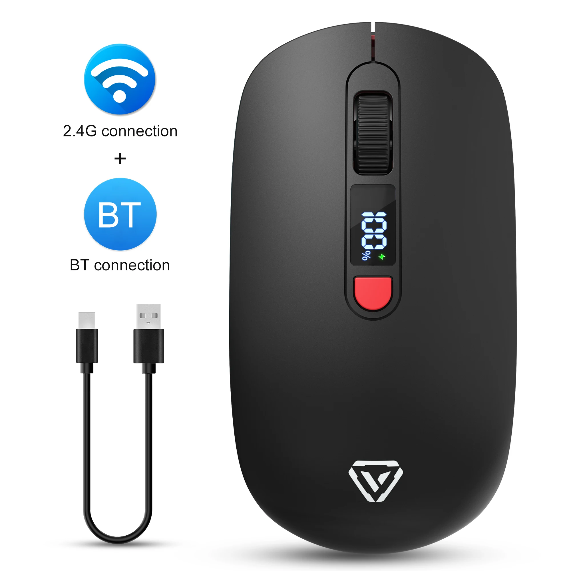 T03 Dual Mode Wireless Mouse Bluetooth Silent Click Rechargeable 500mAh DPI Adjustable Smart Digital Display for Office & Home
