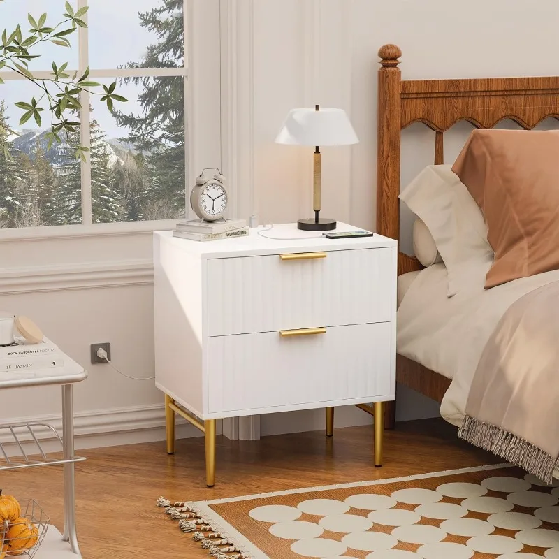 White Nightstand Set of 2 with Charging Station, Fluted Nightstand with Drawers, Modern Bedside Table with Gold Legs