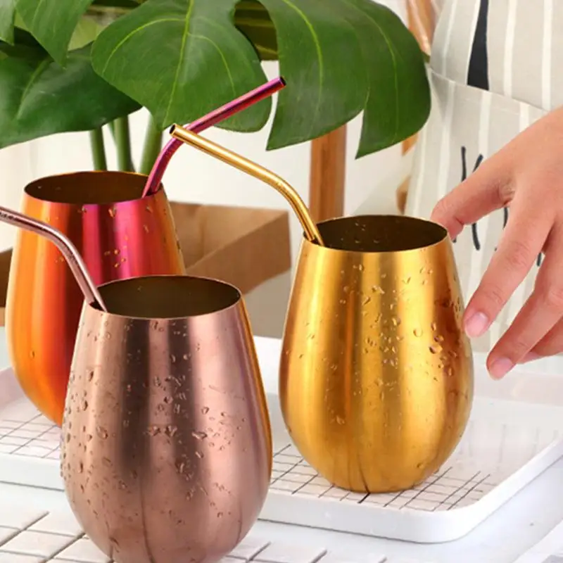 New Stainless Steel Wine Cup With Straw Single Layer Metal Drinking Mug Multifunction 500ML Big Belly Cup Outdoor Drinkware