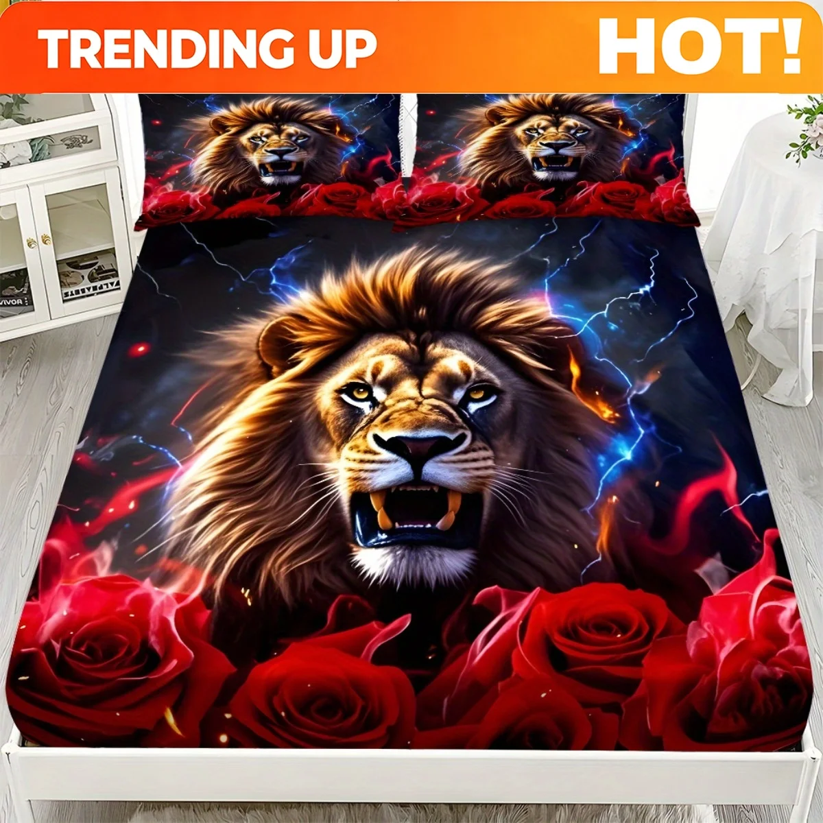 Customize Fitted Sheet 3pcs Bedding - Lion and Rose Pattern Mattress Protector, 1 Fitted Sheet + 2 Pillowcases, No Insert. Styli
