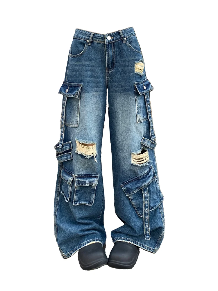 

Women's Blue Cargo Ripped Jeans Baggy Y2K American High Street Harajuku Aesthetic Vintage Wide Leg Jeans Pants Trousers Clothing