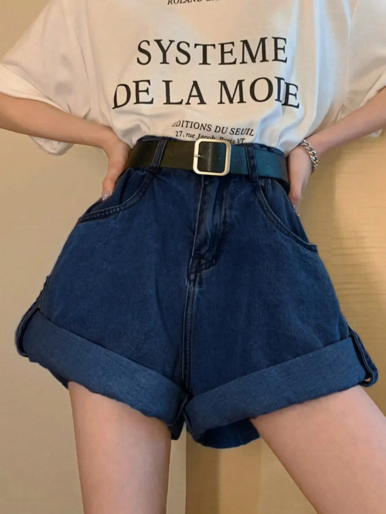 Korean Chic Summer Hong Kong Style Casual Versatile Curled Denim Hot Pants Small Fashion High Waist Wide Leg Shorts for Women