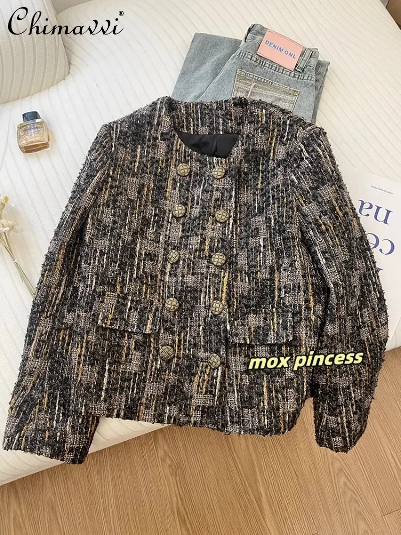 

2024 Spring and Autumn New Black and Gold Double-breasted Tweed Light Ripe Wind Heavy Industry Top For Women