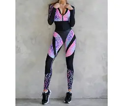 Women's Fashion Personalized Colorful Letter Printing Panel Zipper V-neck Long Sleeve One Piece Sports Yoga Fitness Suit