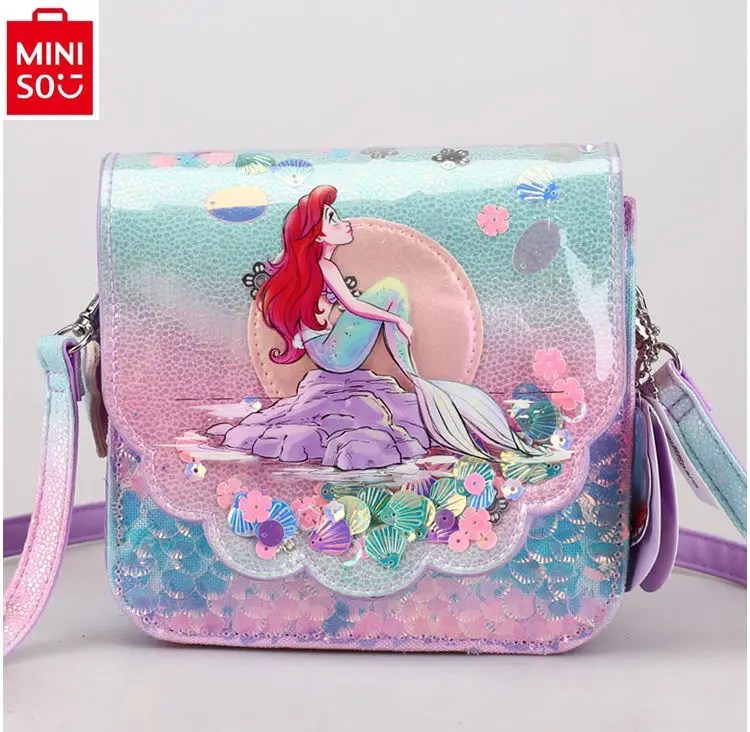 MINISO Disney sequin mermaid print crossbody bag with large capacity, lightweight and fashionable backpack for students