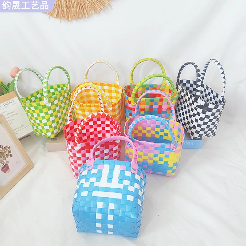 

Vegetable Basket Bag Accompanying Gift Beach Holiday Small Square Bag Colorful Shopping Woven Square Handle Bag