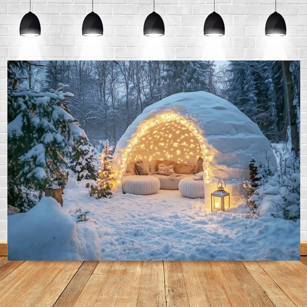 Winter Snow Forest Camping Scene Backdrop for Photography Tent Pine Trees Holiday Baby Kids Family Portrait Photocall Background