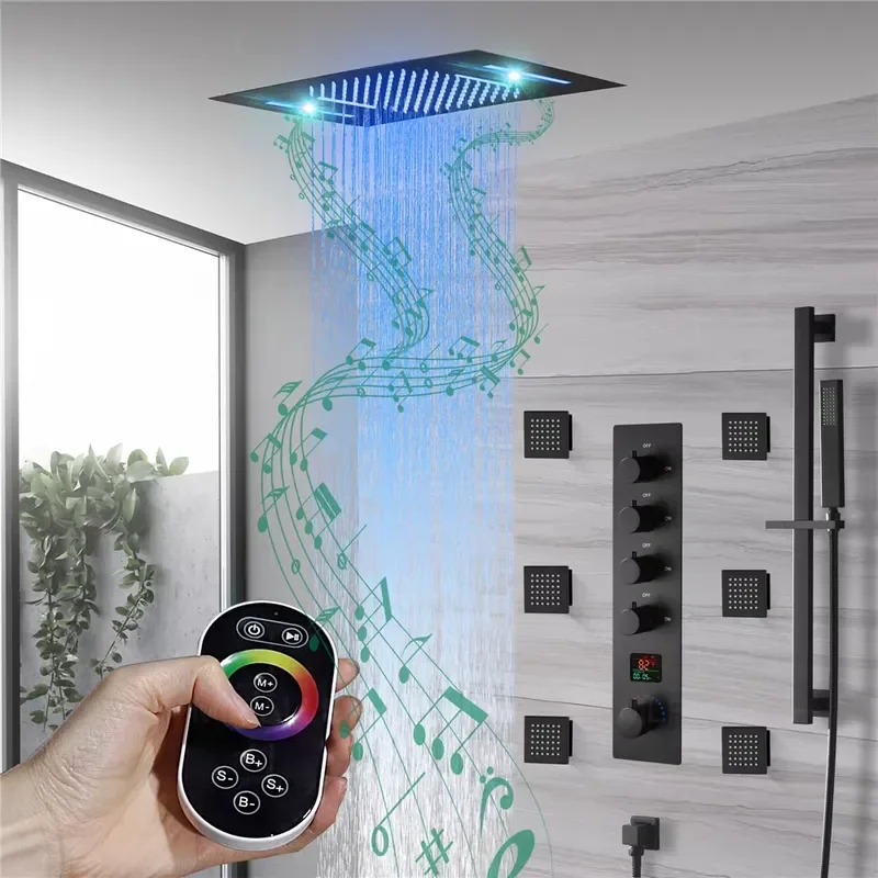 4 Function LED Thermostatic Digital Display Black Shower Faucet With Music 64 Color Wall Mounted Thermostatic Shower Set