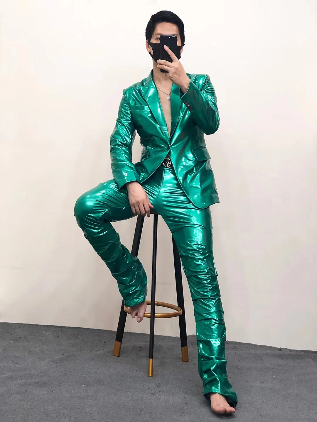 Men Leather Suit Coat+Pleated Trumpet Pants Elastic Reflective PU 2pcs/Set Bar Nightclub Singer Dancer Performance Costume S-6XL