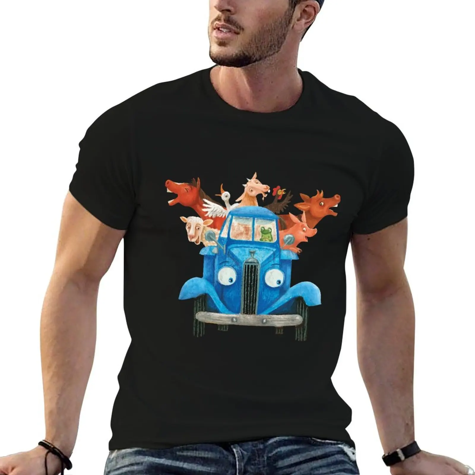 Little blue truck with farm animals classic illustration T-Shirt anime t shirts for man men t shirt cotton 100% T-Shirt