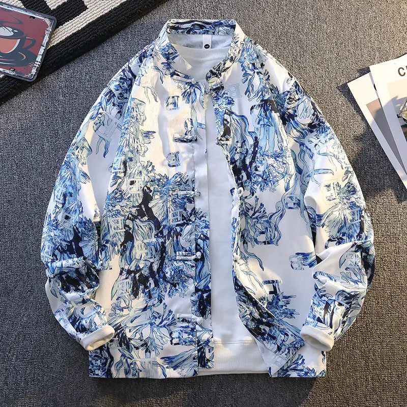

2025 Spring/Summer High Quality Men's American workwear, stand up collar, casual printed men's shirt, pure cotton shirt