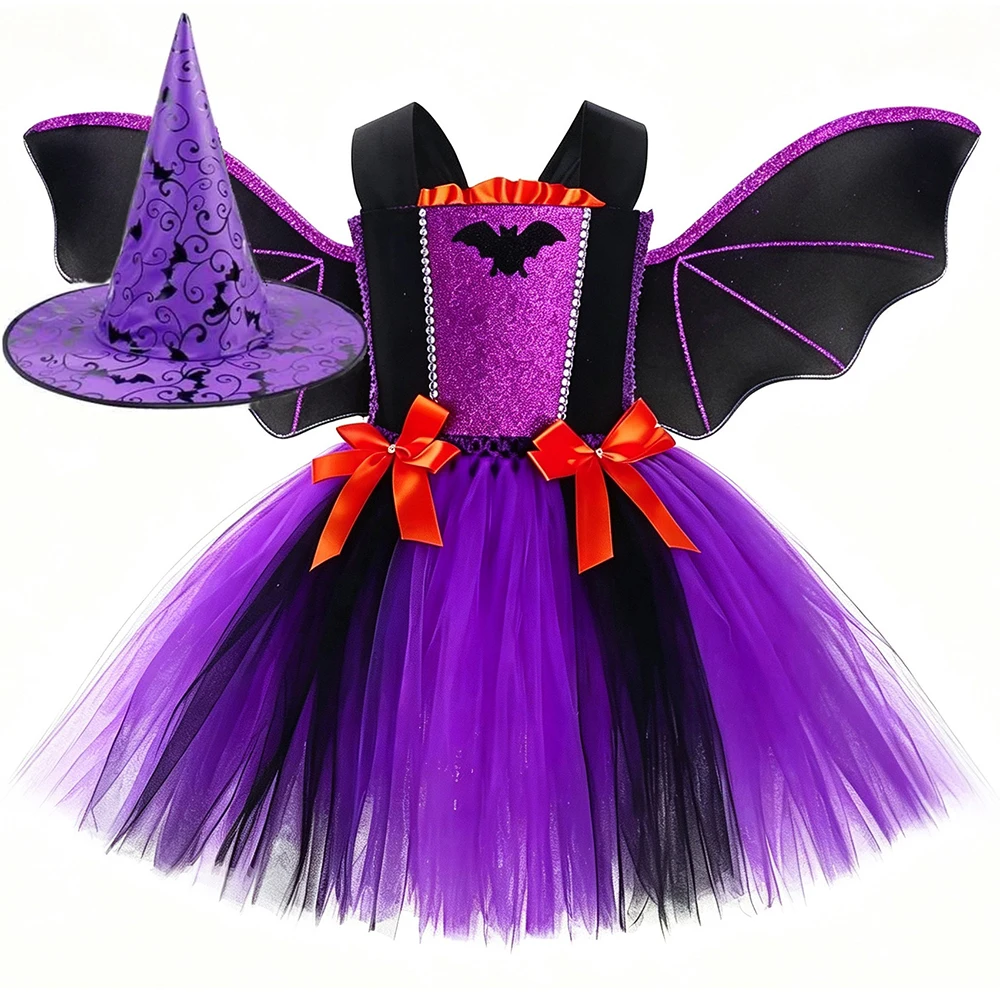 Vampire Bat Costume for Girls Halloween Tutu Dress Purple Black Kids Carnival Party Fancy Bat Witch Disguise Dress Up Outfits