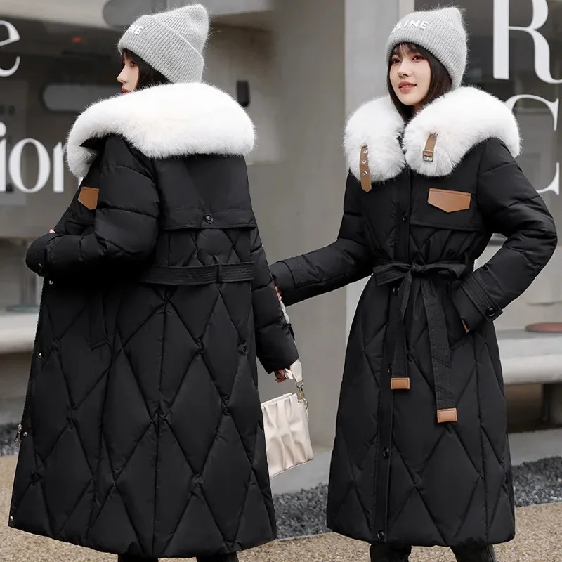 2024 Winter New Korean Fashion Puffer Coat Jacket Loose Parkas Women Fur Stand Collar Down Jacket Long White Duck Parkas Outwear