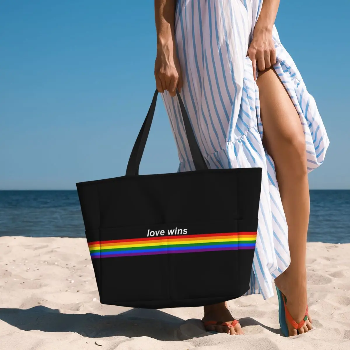 Custom Love Wins Pride Stripe Beach Tote Bag Women GLBT LGBT Gay Lesbian Pride Flag Large Compartment Gym Beach Travel Bags #6