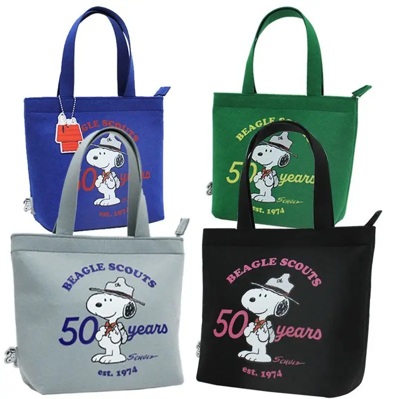 Miniso Disney Series Snoopy Cartoon Felt Handbag Cute Portable Storage Lunch Bag Tote Bag Zipper Printed Small Square Bag Gift