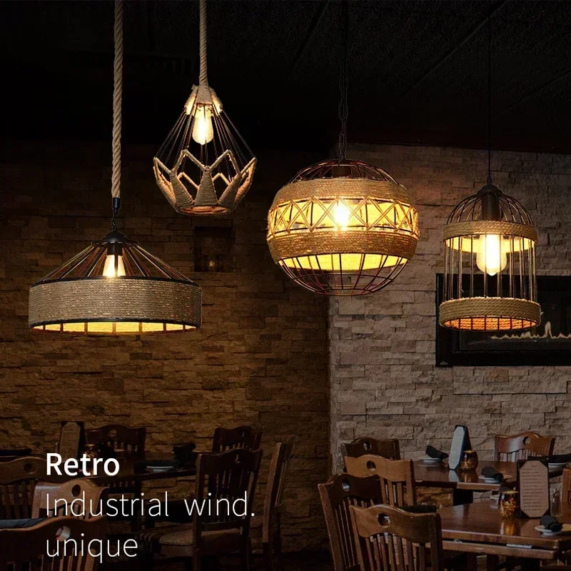 Spain Sisal Hemp Rope Pendant Light Ceiling Lamp Lustre Hanging Chandelier Iron Hand Braiding Rustic Retro for Dining Room Decor
