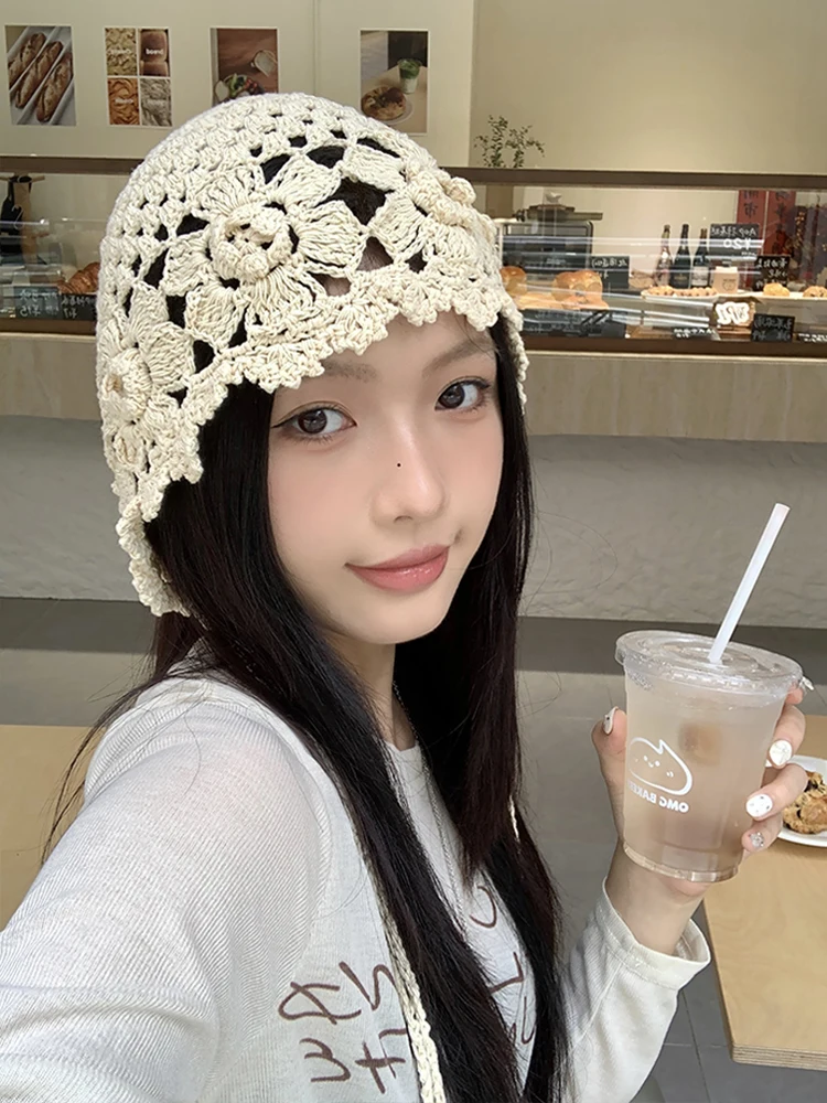 Handmade Crocheted Hollow out Flower Women's Thin Breathable Tassel Sweet Cute Overhead Hat Casual Style Spring Autumn Hat