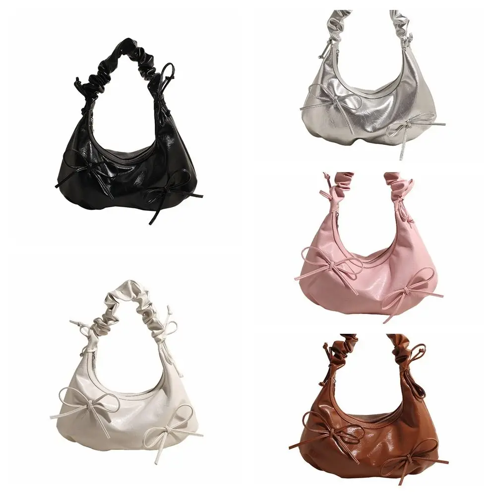 Korean Style Pleated Bow Tote Bag Handbag Pleated Strap PU Shoulder Bag Minority Design French Style Dumplings Bag Outdoor