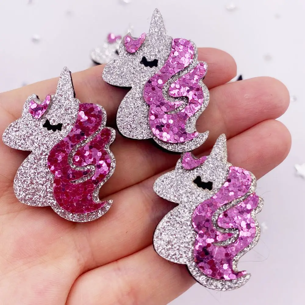 10pcs Felt Fabric Colorful Glitter Bepowder Cartoon Kawaii Unicorn Patch Applique Sewing DIY Hair Bow Accessories Craft Supplies