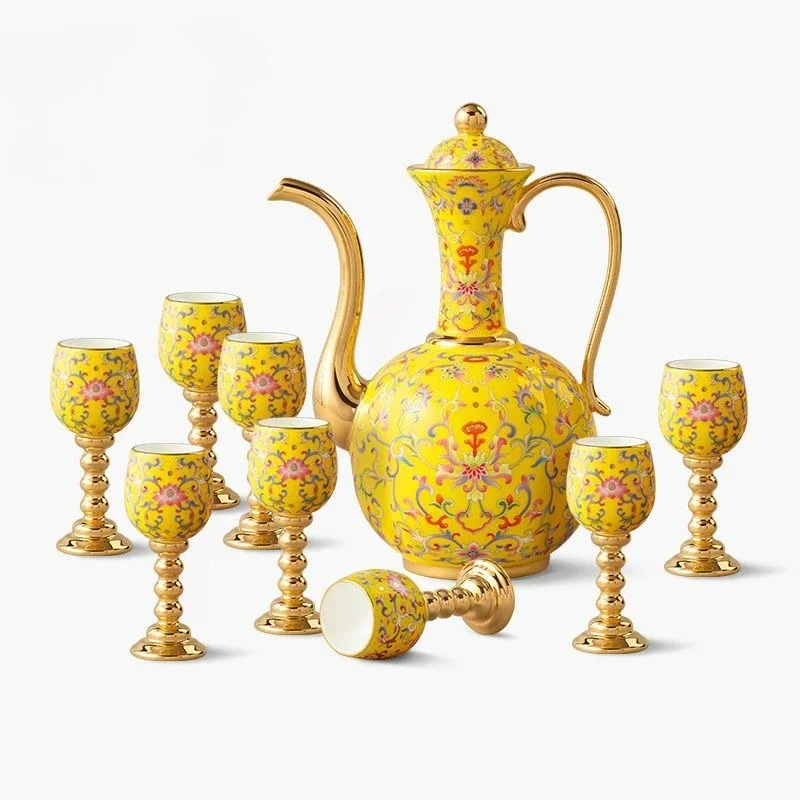 Porcelain new court porcelain wine set 10 heads spirit cup ceramic Baijiu pot enamel color